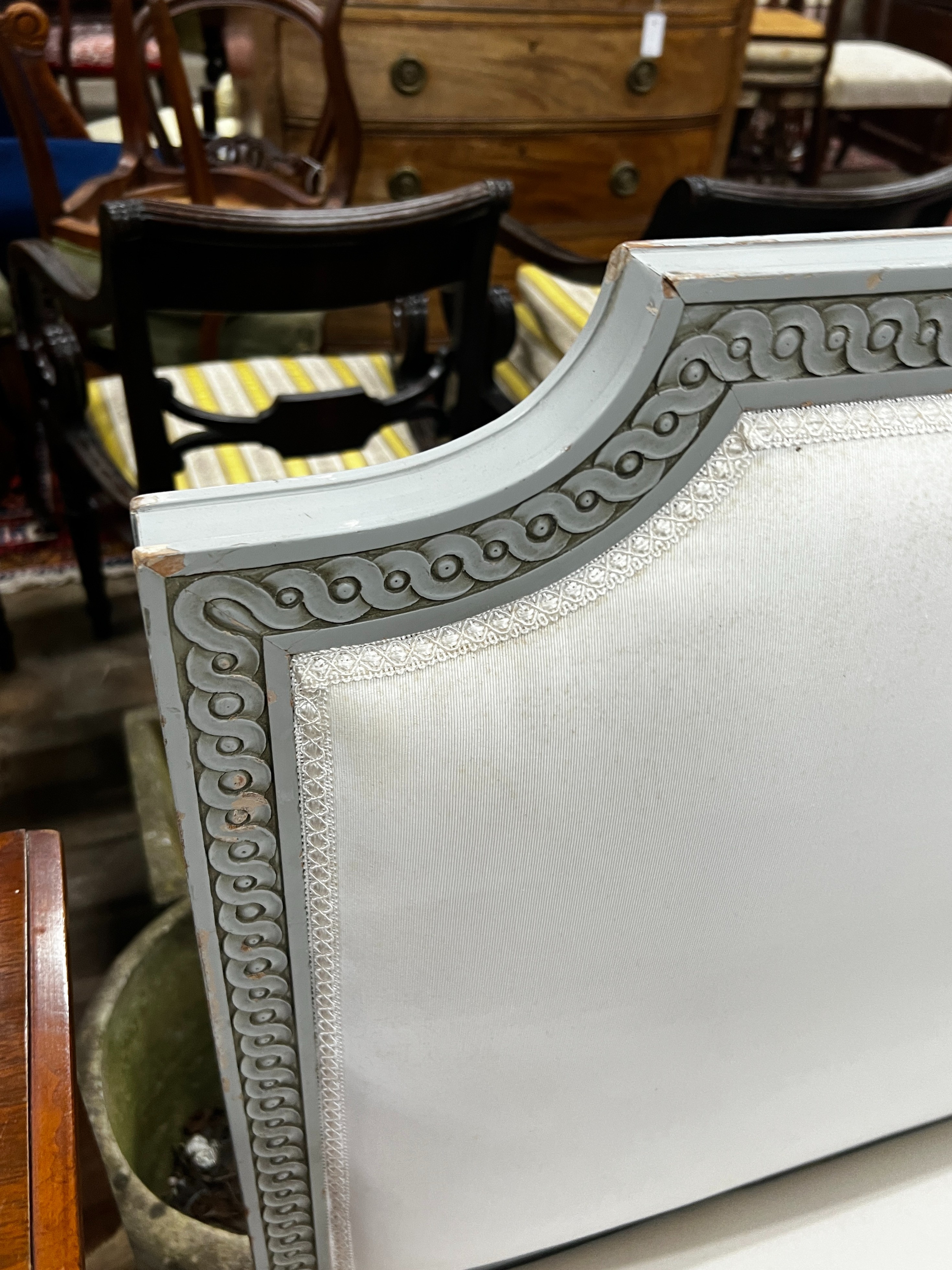 A pair of Louis XVI style upholstered painted hall bench seats, length 105cm, depth 50cm, height 102cm